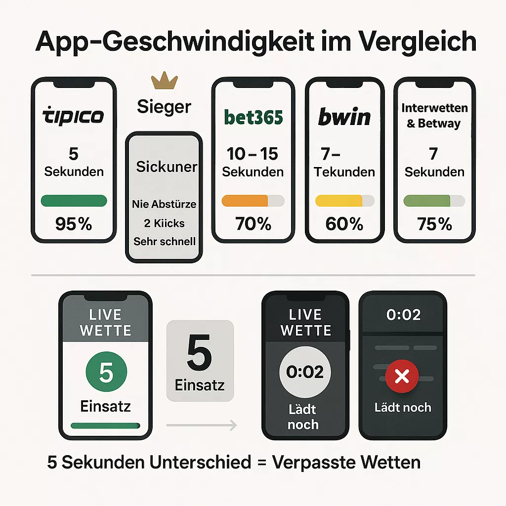 App-Vergleich Geschwindigkeit - Tipico 5 Sekunden schnellste App mit nie Abstürzen, Bet365 8 Sekunden überladen aber Live-Streaming, Bwin 10-15 Sekunden träge bei Topspiel