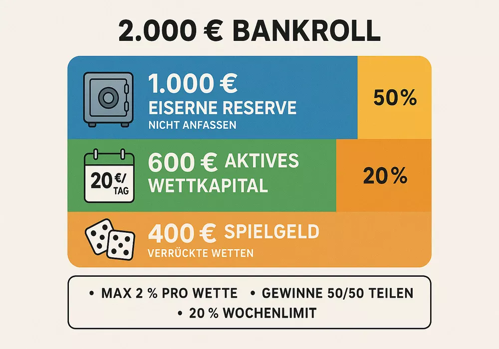 Bankroll Management 50-30-20 System - 2.000€ aufgeteilt in 1.000€ eiserne Reserve, 600€ aktives Wettkapital (20€/Tag) und 400€ Spielgeld mit klaren Regeln: max 2% pro Wette, 50/50 Gewinn-Aufteilung