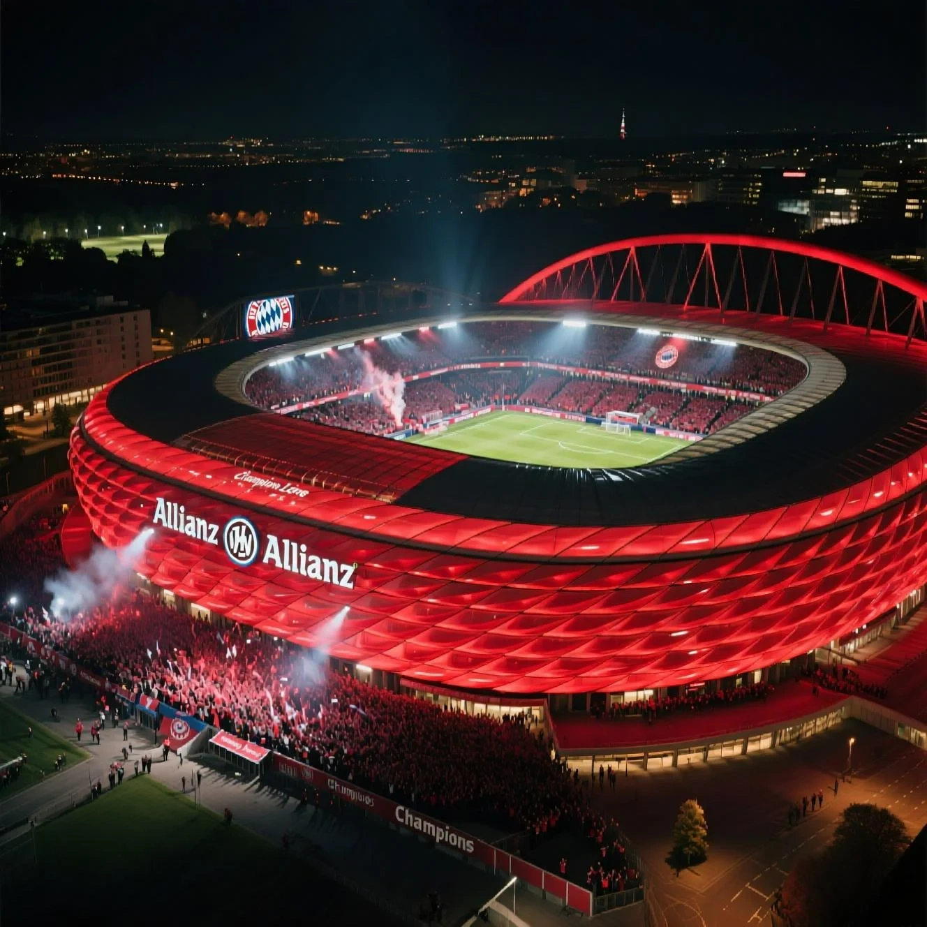 Allianz Arena bei Nacht mit roter Beleuchtung