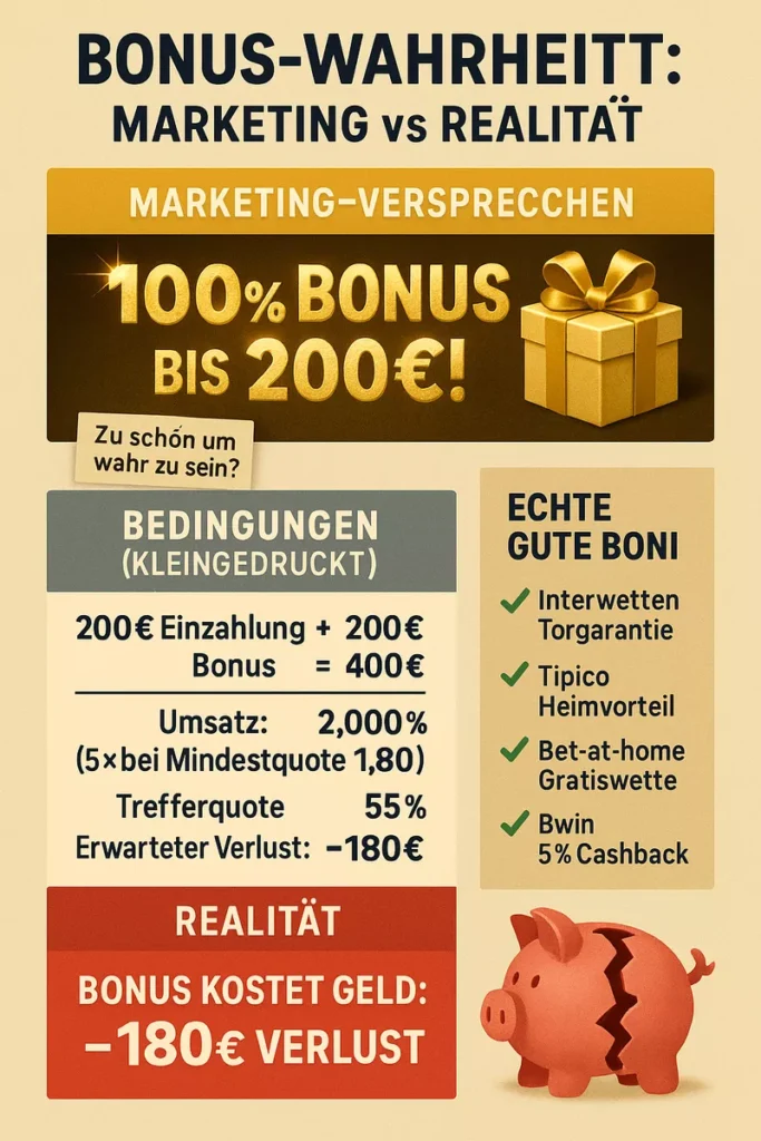 Bonus Wahrheit Marketing vs Realität - 100% Bonus bis 200€ mit 5x Umsatz führt zu -180€ Verlust, echte gute Boni: Interwetten Torgarantie, Tipico Heimvorteil, Bwin Cashback