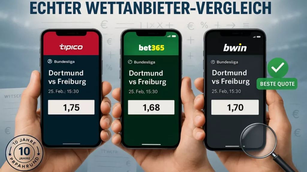 Bundesliga Wettanbieter echter Vergleich 2025 - Drei Smartphones zeigen Tipico, Bet365 und Bwin Apps mit unterschiedlichen Quoten für dasselbe Bundesliga-Spiel, 10 Jahre Erfahrung