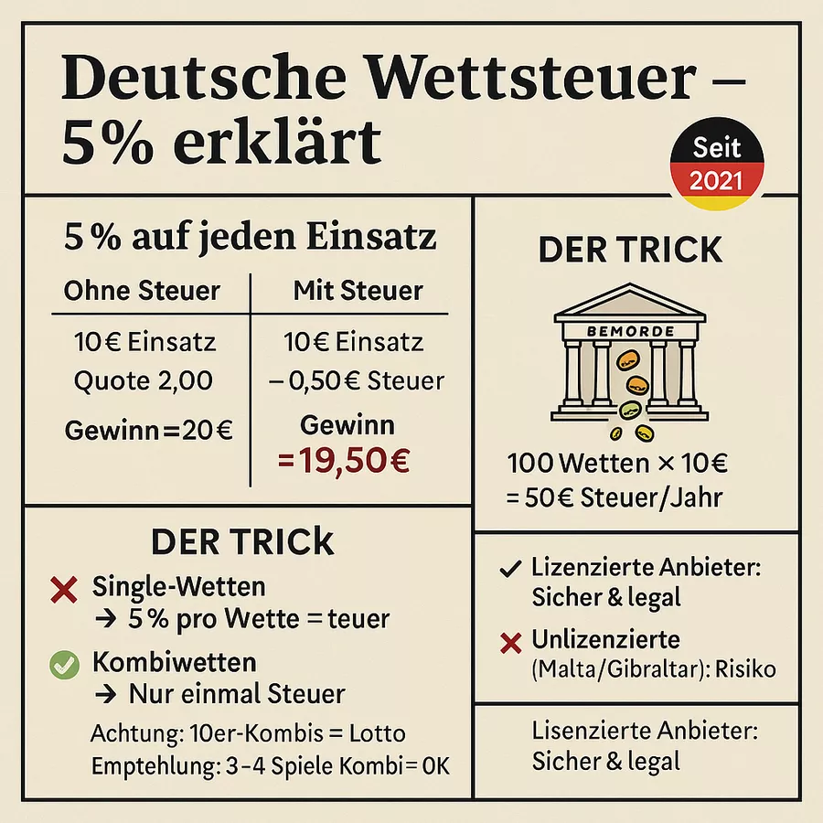 Deutsche Wettsteuer 5 Prozent erklärt - Seit 2021 auf jeden Einsatz, 100 Wetten = 50€ Steuer pro Jahr, Kombiwetten nur einmal besteuert, lizenzierte Anbieter sicher vs Malta Risiko