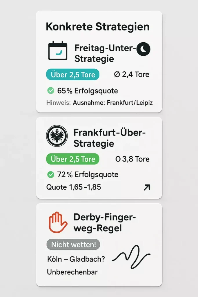 Drei konkrete Wett-Strategien für Bundesliga Über/Unter Wetten - Freitag-Unter-Strategie (65% Erfolg), Frankfurt-Über-Strategie (72% Erfolg) und Derby-Finger-weg-Regel mit Warnhinweisen