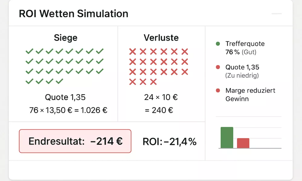 Favoriten-Strategie ROI Berechnung - 100 Wetten Simulation zeigt 76% Trefferquote bei Quote 1.35 führt zu -214€ Verlust wegen zu niedriger Quoten und Buchmacher-Marge