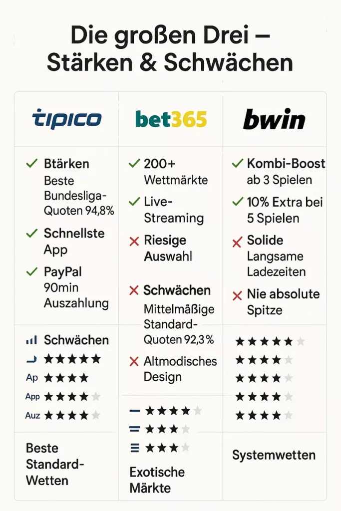 Die großen Drei Wettanbieter Stärken und Schwächen - Tipico beste Quoten 94,8% und schnellste App, Bet365 200+ Märkte mit Live-Streaming, Bwin Kombi-Boost aber langsam