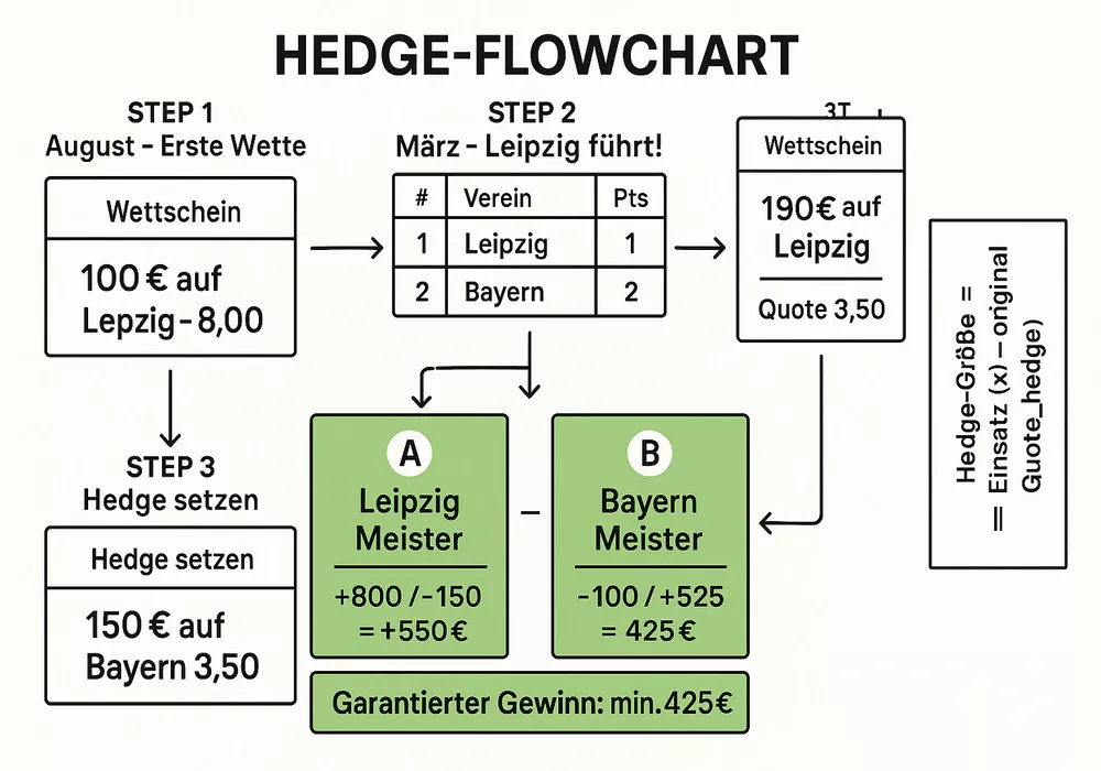 Hedging Strategie garantierter Gewinn - 100€ Leipzig Quote 8,00 im August, März Hedge 150€ Bayern Quote 3,50, garantiert minimum 425€ Gewinn egal wer Meister wird mathematischer Beweis