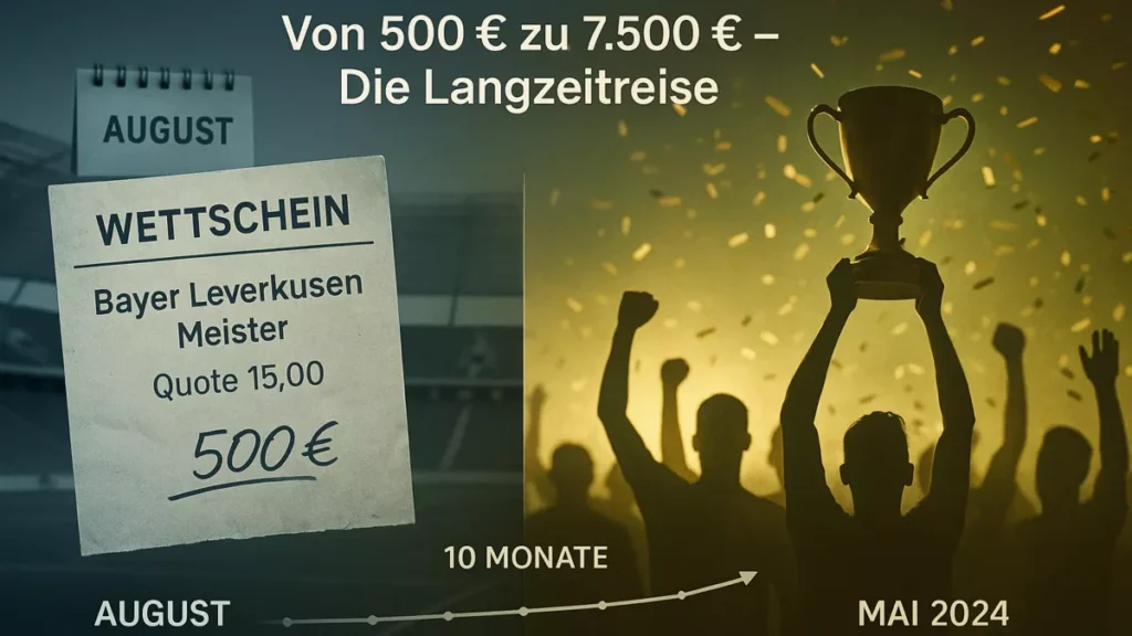 Langzeitwetten Journey 500€ zu 7.500€ - August 2023 Wettschein Bayer Leverkusen Meister Quote 15,00 verwandelt sich in Mai 2024 Meisterschafts-Feier mit 7.500€ Gewinn über 10 Monate