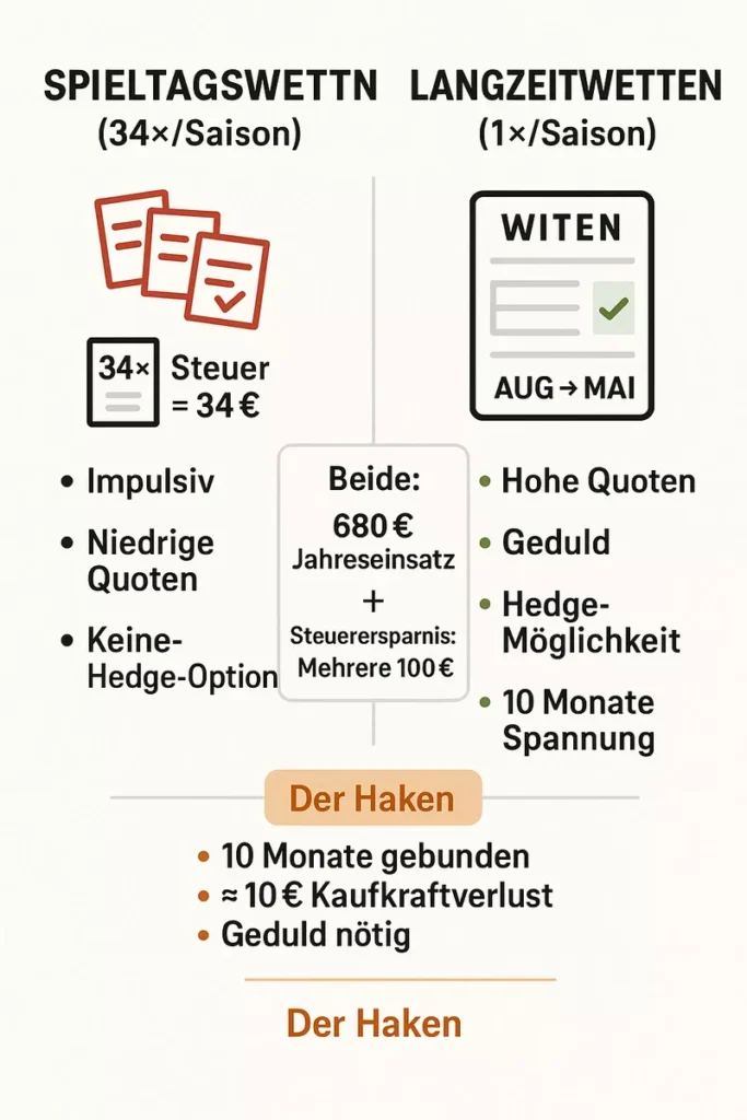 Langzeitwetten Vorteile Vergleich - Spieltagswetten 34x Steuer vs Langzeitwetten 1x Steuer spart mehrere 100€, höhere Quoten durch Buchmacher-Unsicherheit, Hedge-Möglichkeiten, erzwungene Geduld