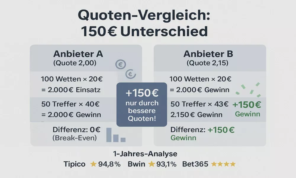 Quoten-Vergleich Berechnung - 100 Wetten mit Quote 2,00 vs 2,15 zeigt 150€ Unterschied pro Jahr, Tipico 94,8% Quotenschlüssel führt Rankings