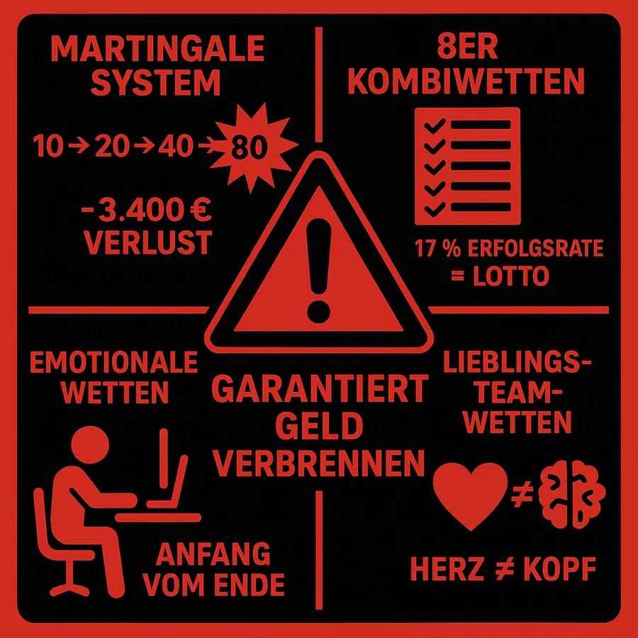 Strategien die NICHT funktionieren Warnung - Martingale System (-3.400€), 8er Kombiwetten (17% Erfolg = Lotto), Emotionale Rache-Wetten, Lieblingsteam-Wetten - alle garantiert Geld verbrennen