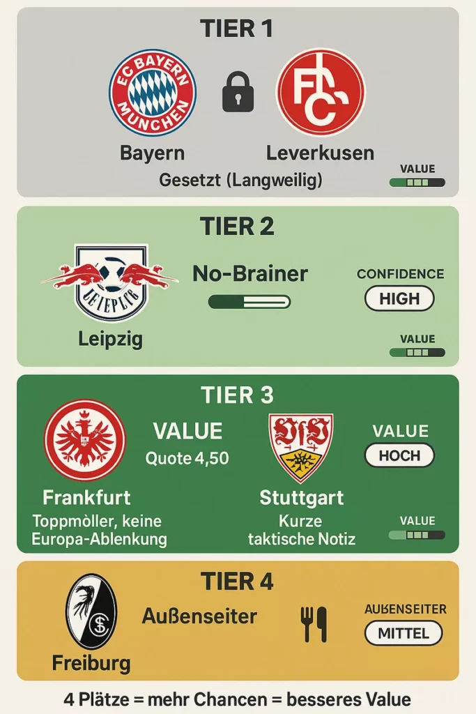 Top-4-Wetten Strategie Matrix - Bayern und Leverkusen gesetzt, Leipzig Quote 1,80 No-Brainer, Frankfurt Quote 4,50 bester Value mit Marmoush, Stuttgart Quote 3,20, Freiburg Darkhouse Quote 8,00