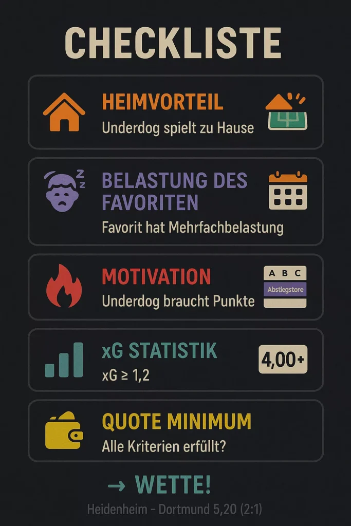 Underdog-Wetten 5 Kriterien System - Heimvorteil, Belastung des Favoriten, Motivation, xG mindestens 1.2, Quote über 4.00 - Beispiel Heidenheim vs Dortmund Quote 5.20 Sieg 2:1